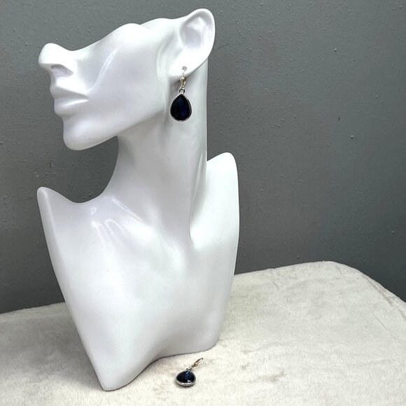 Blue Stone Teardrop Dangle Earrings Silver Tone Sparkly Prom Bridesmaid Faceted - Picture 2 of 6